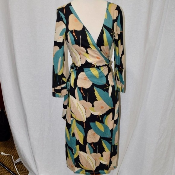FRENCH CONNECTION multi color blue black cream long sleeve dress, women size 8 - Picture 1 of 3